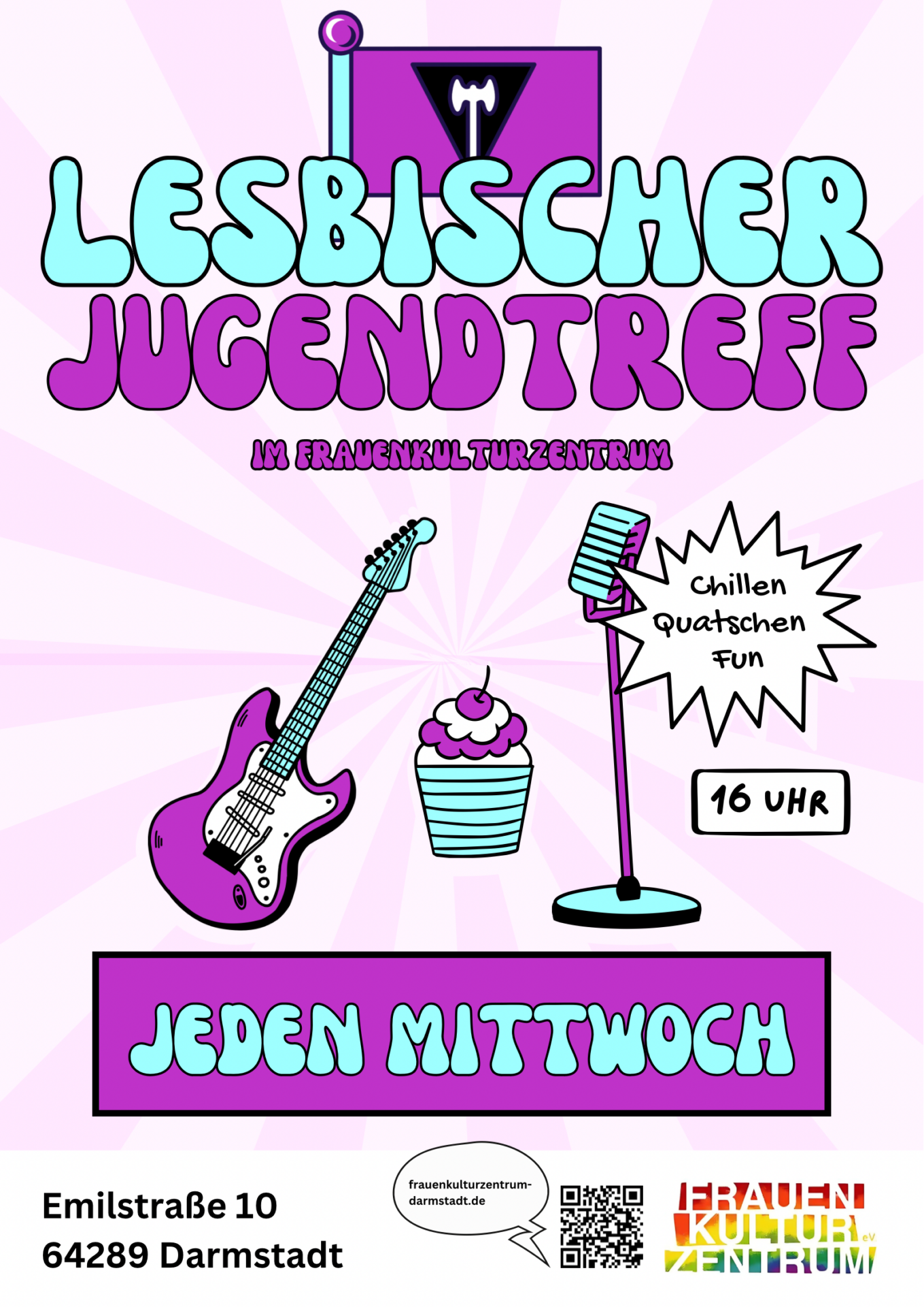 Einladung zum lesbischen Jugendtreff. In poppigen Farben sind abgebildet eine E-Gitarre, ein Mikrofon und ein Cupcake.