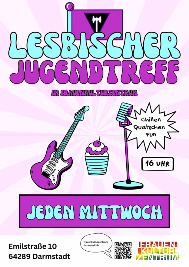 Einladung zum lesbischen Jugendtreff. In poppigen Farben sind abgebildet eine E-Gitarre, ein Mikrofon und ein Cupcake.