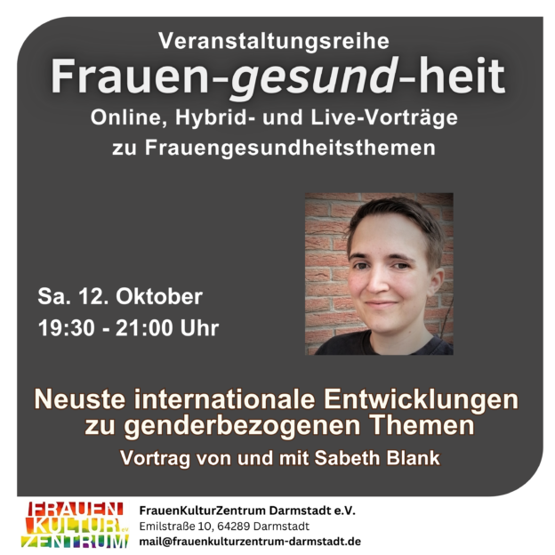 Werbeposter der Veranstaltung "Neueste internationale Entwicklungen zu gendermedizinischen Themen" mit einem Foto von Sabeth Blank