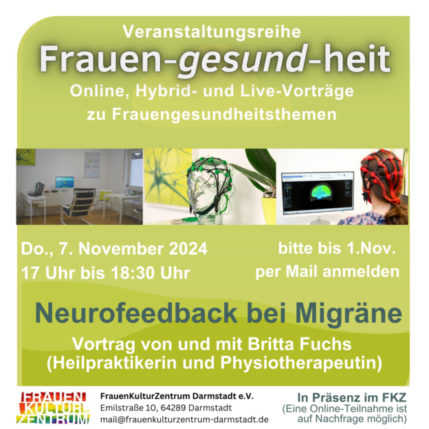 Das Plakat zeigt in Grüntönen verschiedene Bilder, die die Behandlungssituation bei Neurofeedback zeigen. Termin Do., 7. November , 17.00-18.30 in Präsenz (auch onlne möglich) Teilnahme für Mitfrauen gegen Spende, ansonsten mind. 3 €